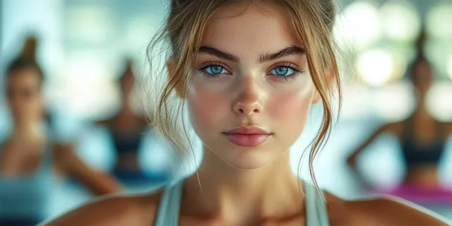 Close-up portrait of a focused young woman with blue eyes in a gym, with blurred people exercising behind her.