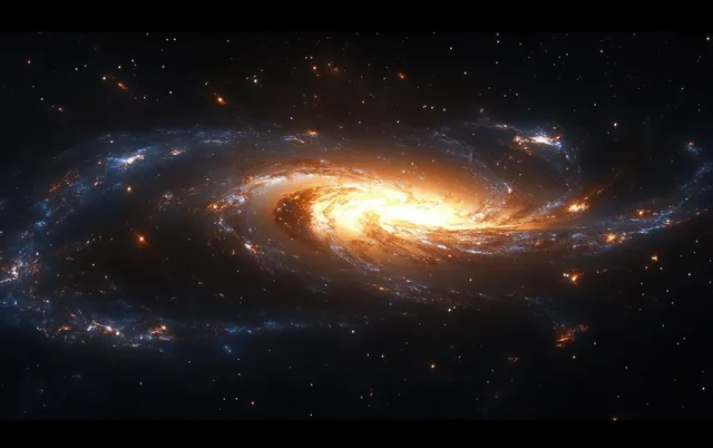 A spiral galaxy with a glowing bright core and swirling luminous dust arcs across a star-filled deep space background.