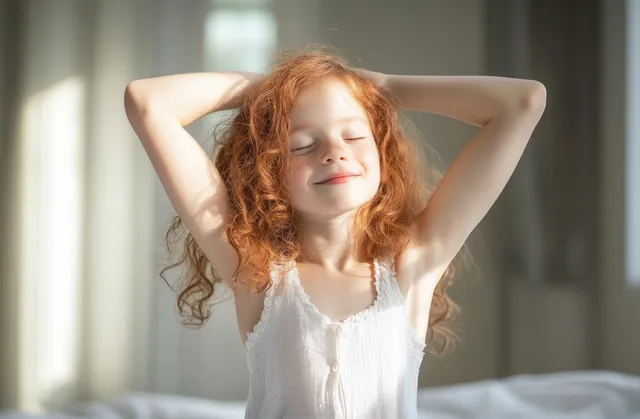 Child stretching with hands behind head in sunlit bedroom, curly red hair