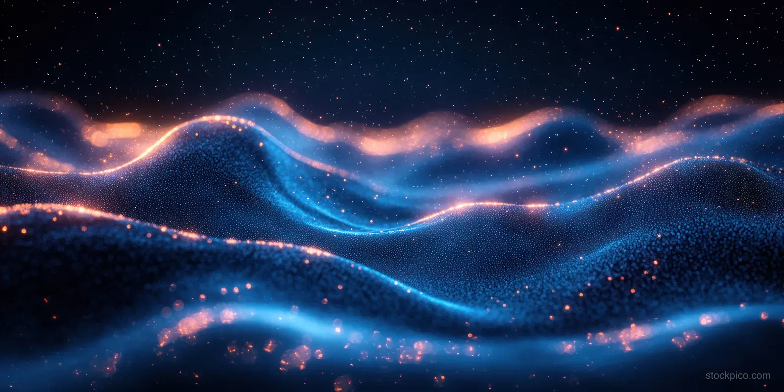 Neon blue and green particle wave curves across a dark starfield with glowing sparks.