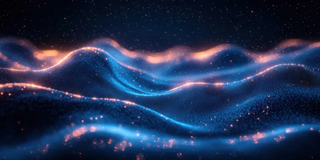Neon blue and green particle wave flowing across a dark cosmic background with Energy And Signal Concept