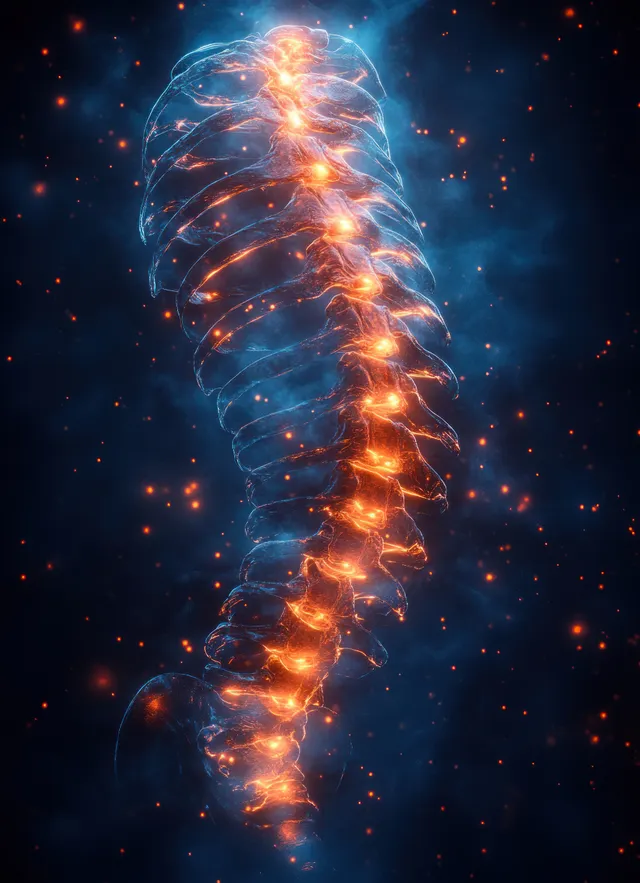 Neon 3D human spine illustration with glowing highlighted vertebrae on a dark blue background.