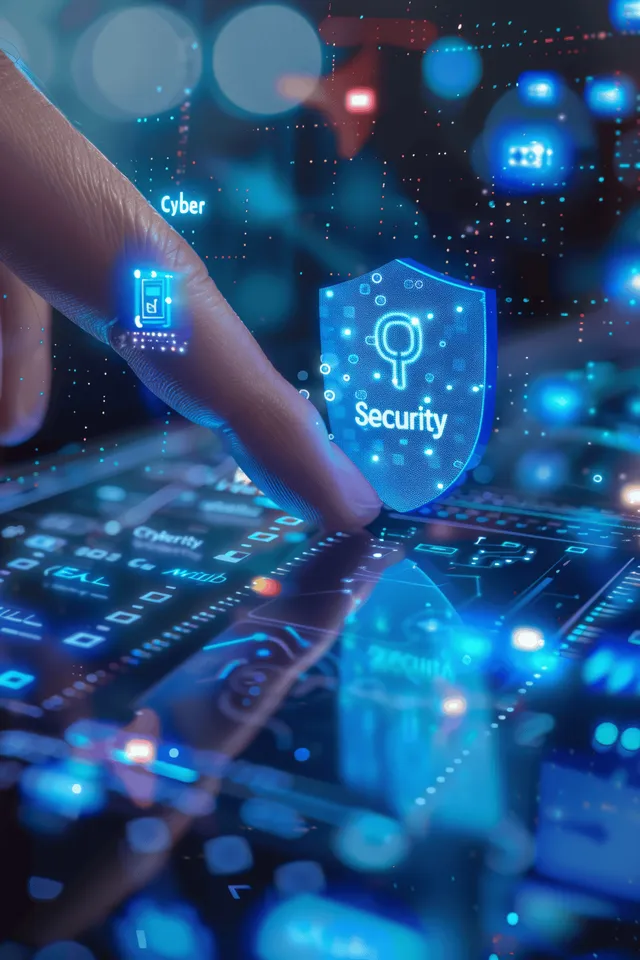 Woman typing on a laptop with floating cybersecurity and privacy encryption icons over a network data background.