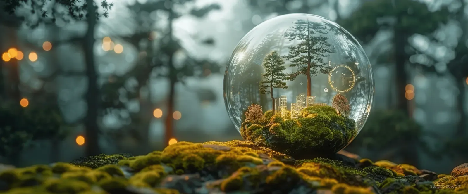 A transparent globe rests on moss in a foggy forest with faint clean energy symbols.