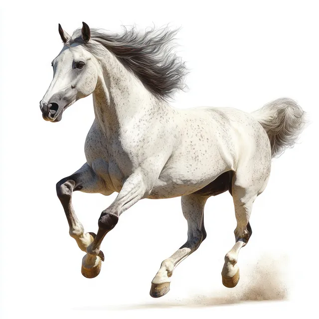 White horse galloping on an isolated white background with flowing mane and raised hooves.
