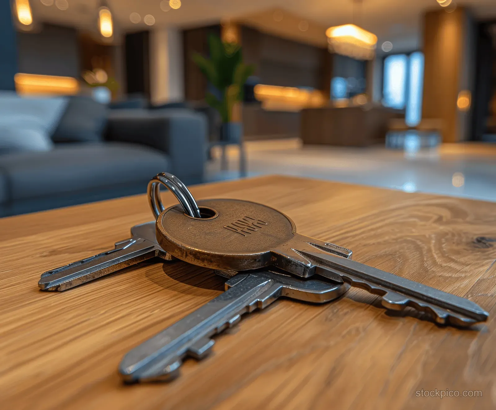 Metal house keys rest on a wooden table inside a warmly lit apartment living room with sofas blurred behind.