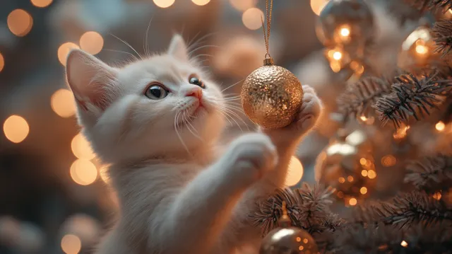 A white kitten with blue eyes reaches for a golden Christmas ornament on a tree under warm bokeh lights.