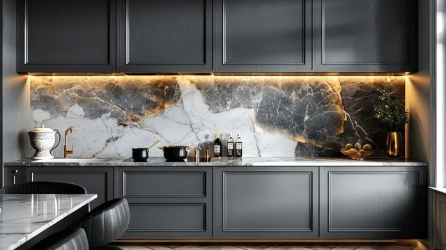 Dark gray kitchen cabinetry with a white marble backsplash and warm golden under-cabinet lights.