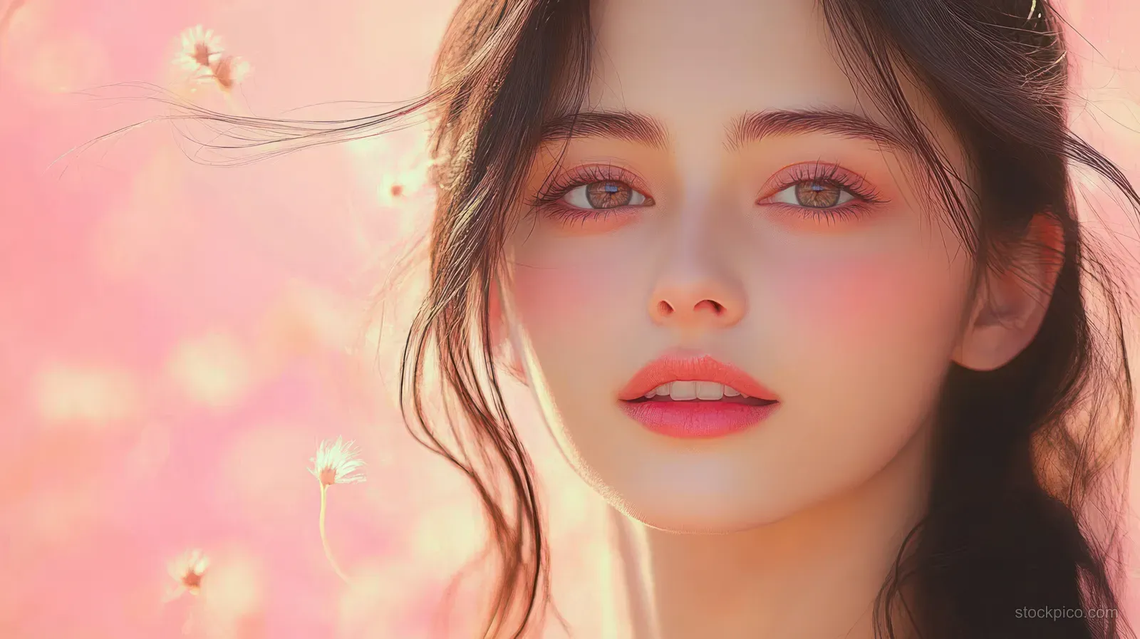 Young woman with soft makeup against a pink pastel background.