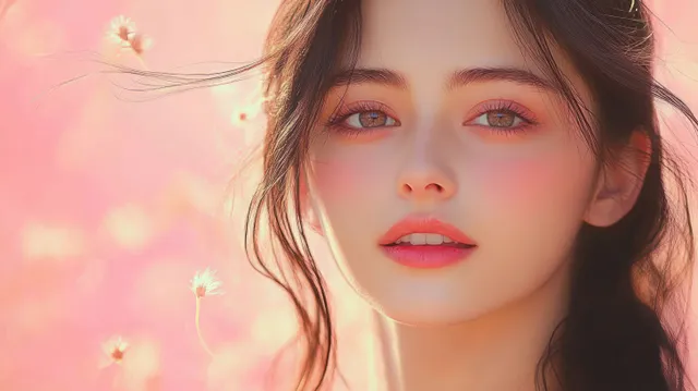 Young woman portrait with soft makeup and pink pastel background