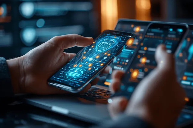 Hand using smartphone app with encrypted network icons in a dark security control room