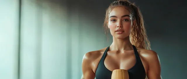 Athletic woman in black activewear drinking water in a modern gym under dramatic lighting.