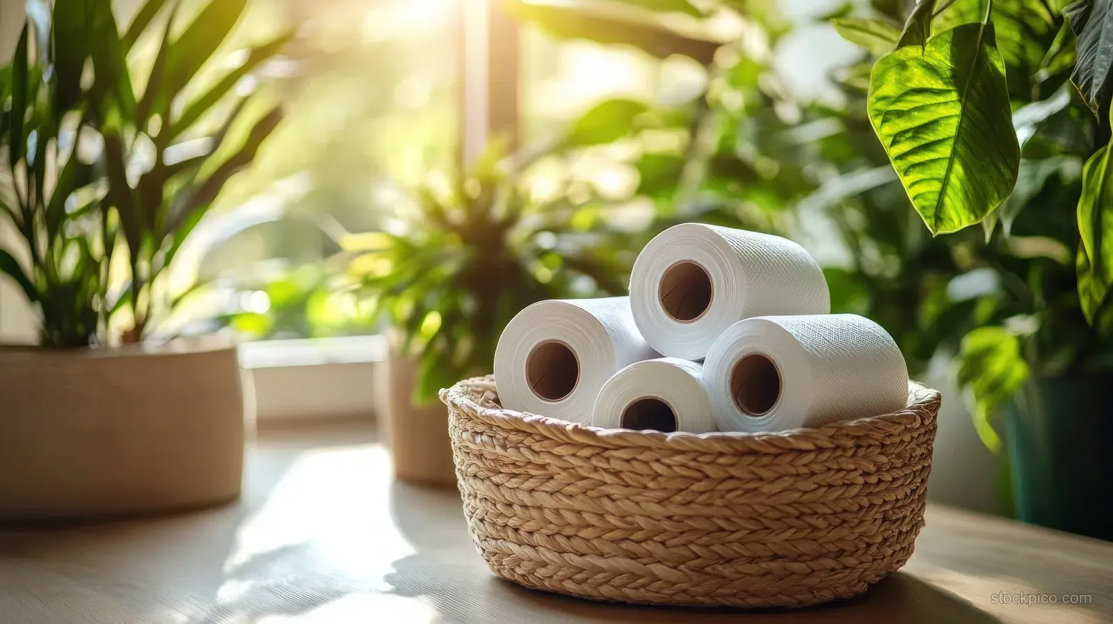 A woven basket with four white paper towel rolls on a wooden table surrounded by green houseplants in sunlight.