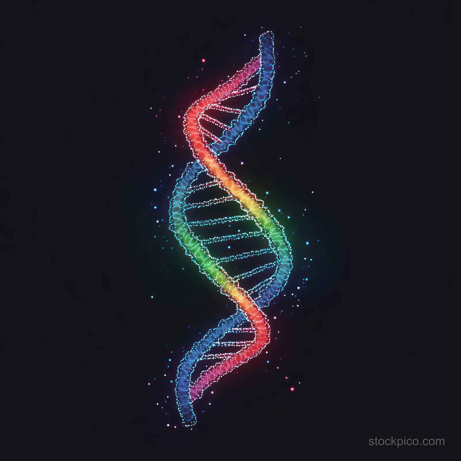Colorful glowing DNA double helix floats on a dark background with visible nucleotide ladder rungs.