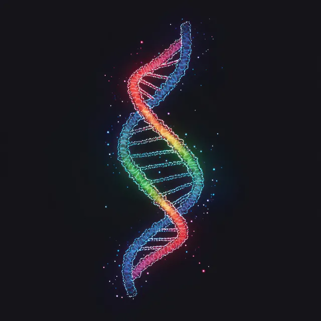Colorful glowing DNA double helix floats on a dark background with visible nucleotide ladder rungs.