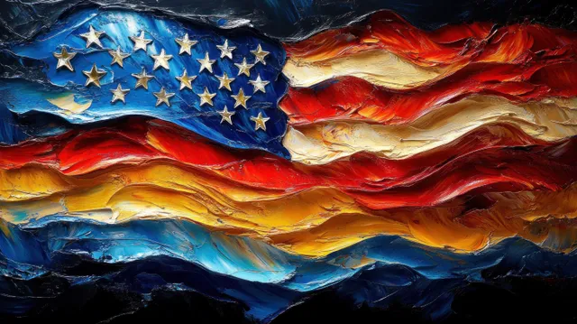 Abstract oil painting of a flowing American flag with stars and stripes under dramatic dark lighting and grunge texture.