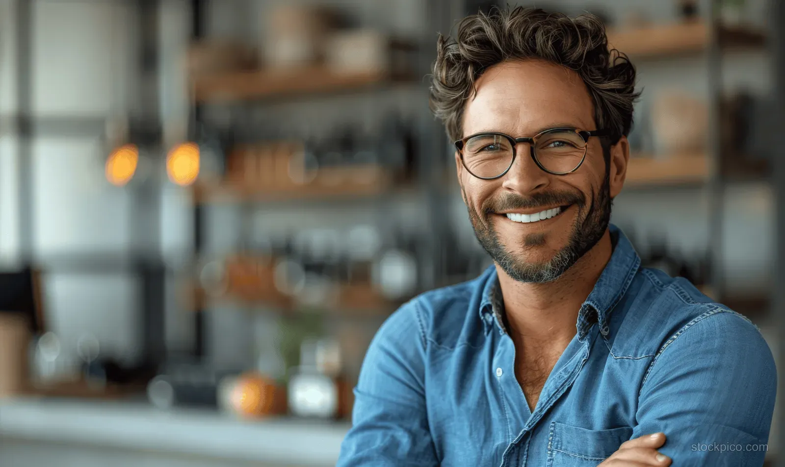 A smiling man wearing glasses holds a laptop in an office, side view with arms crossed.