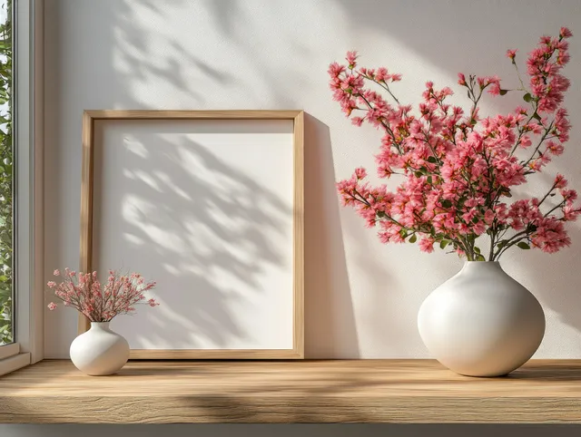 An empty square frame mockup rests on a wooden shelf with white vases holding dried pink flowers in soft light.