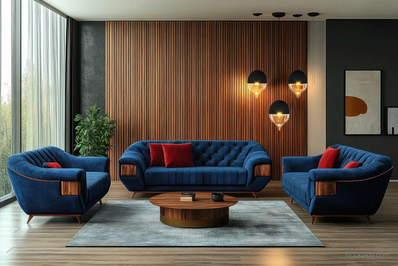 Blue velvet tufted sofas with red pillows surround a round wooden coffee table on a gray rug under pendant lights.