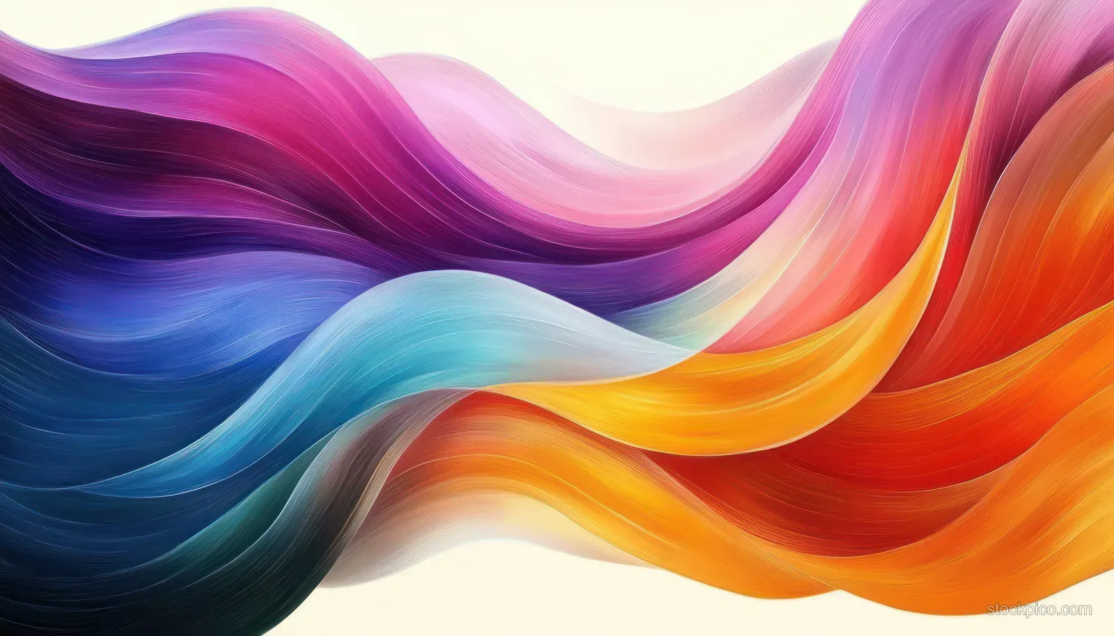 Flowing multicolored abstract waves blend purple, blue, orange, and red with smooth ribbon-like curves.