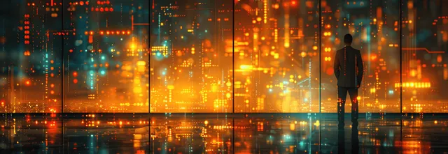 Businessman in an office holding a smart tablet as glowing AI network icons appear over the city skyline.