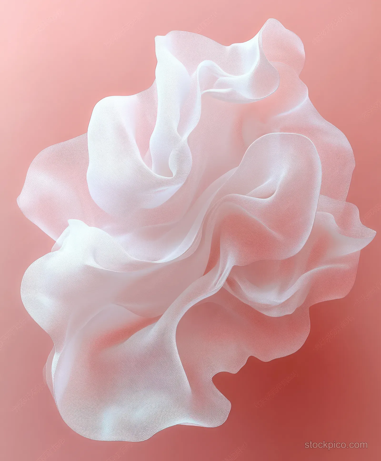 Abstract white fabric with flowing folds on a soft pink gradient background.