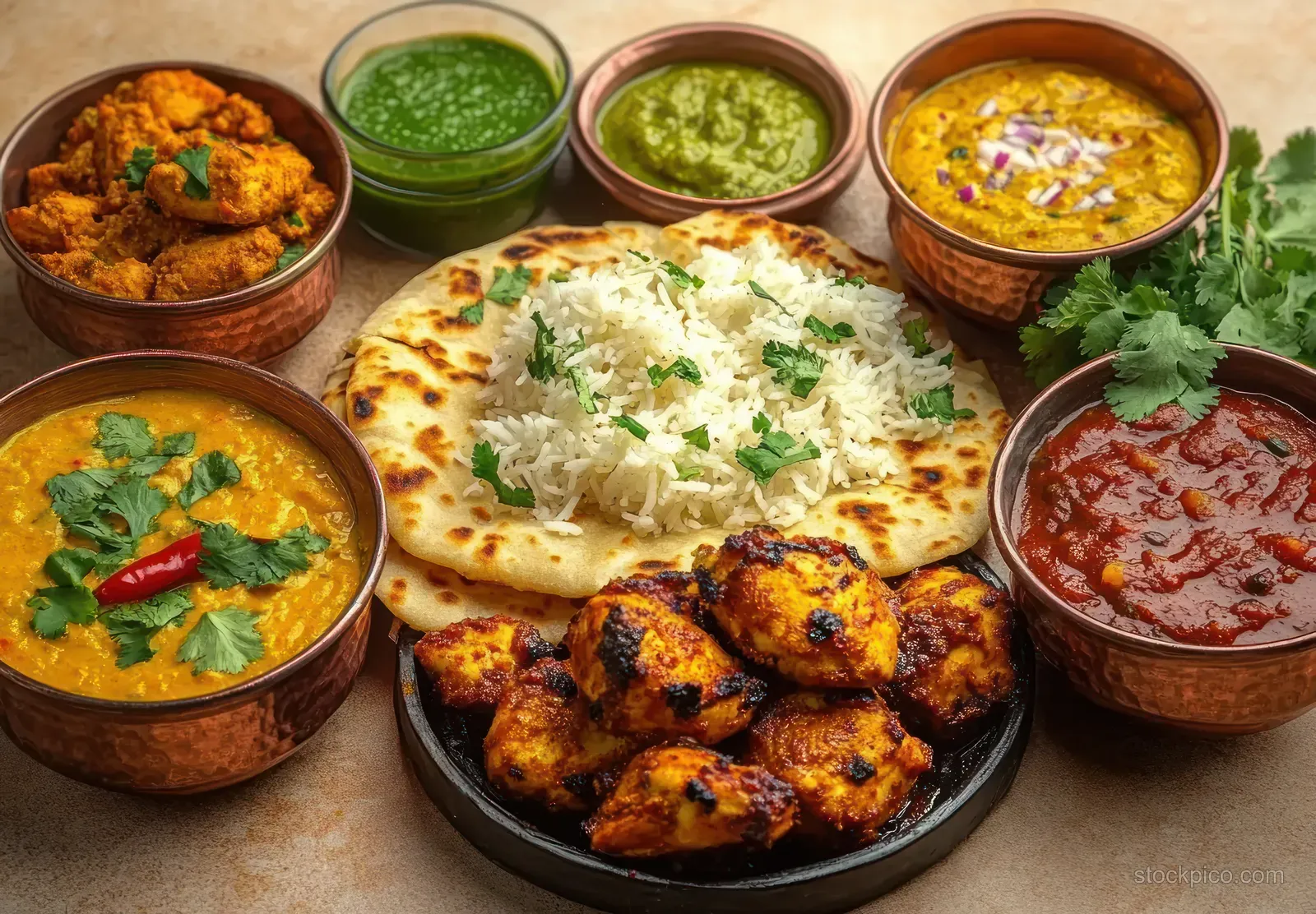 Grilled chicken tikka sits in the center of an Indian meal spread with naan, curries, and green chutneys garnished with cilantro.