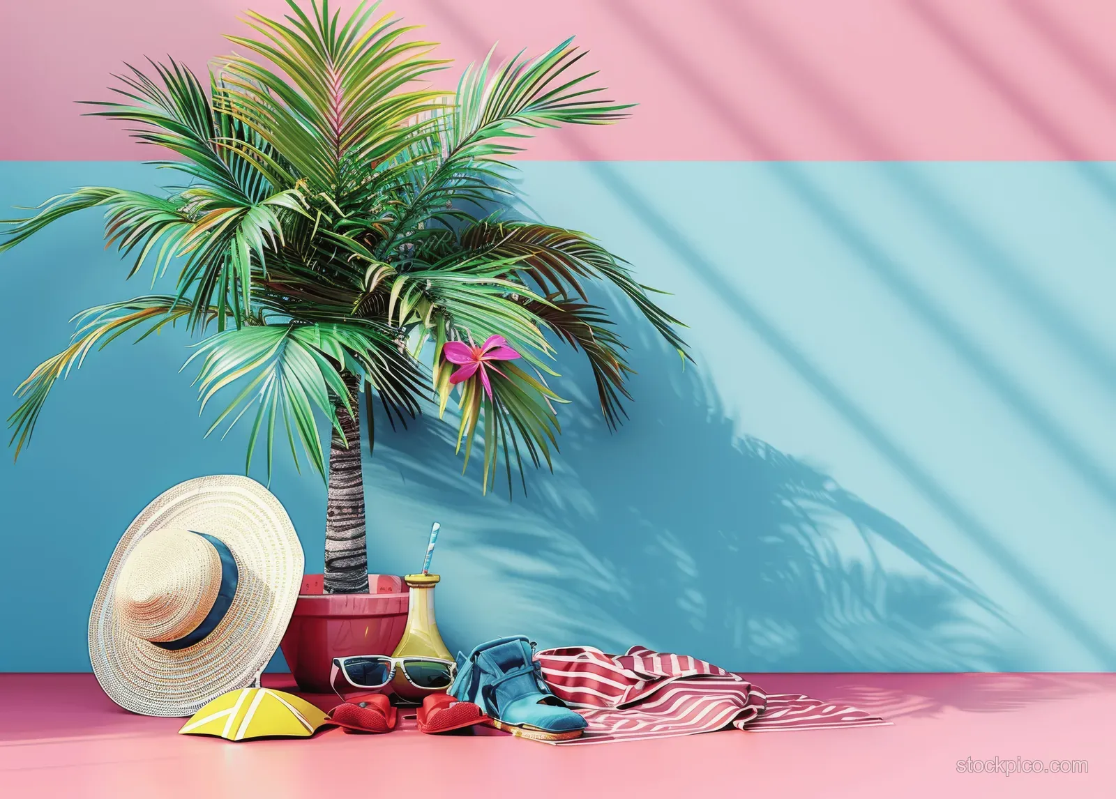 Yellow suitcase with folded beach clothes, sunglasses, and a palm tree against a pastel striped backdrop.