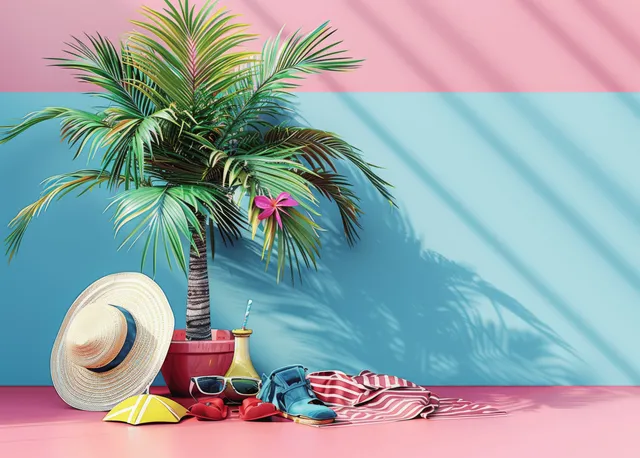Yellow suitcase, beach accessories, parasol, and palm tree on pastel summer backdrop