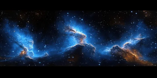 Panoramic blue nebula and starfield with glowing cosmic clouds across a dark night sky.