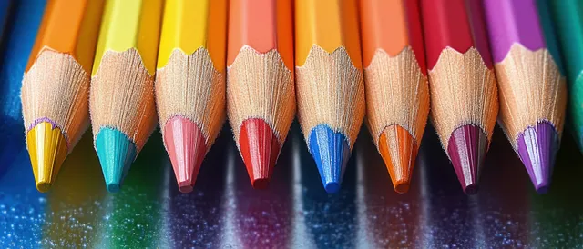 Sharpened colored pencils in a row with yellow to purple tips reflecting on a shiny surface.