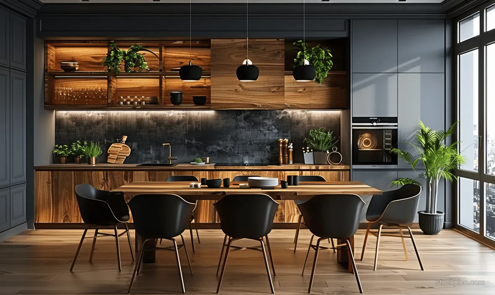 Warm modern kitchen interior with wooden cabinets, black dining chairs, dark gray walls, and pendant lighting by large windows.