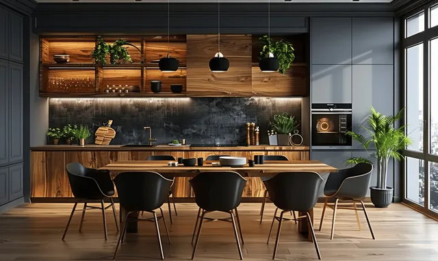 Warm modern kitchen interior with wooden cabinets, black dining chairs, dark gray walls, and pendant lighting by large windows.