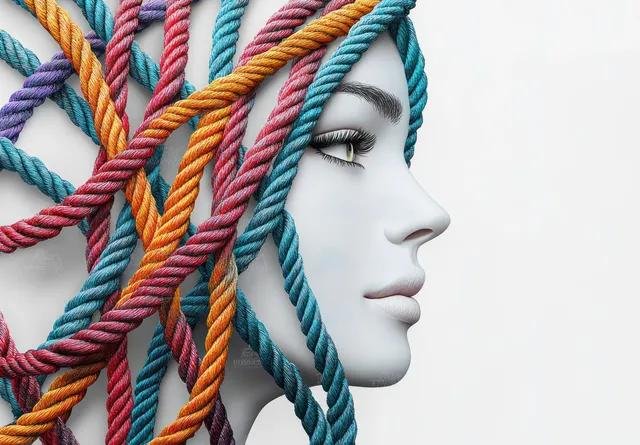 Multicolored knotted rope strands intertwined, suggesting communication and emotional connection through woven patterns.