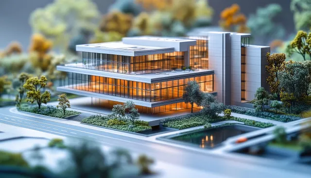 Architectural hospital scale model with glowing windows, roads, and trees on a tabletop.