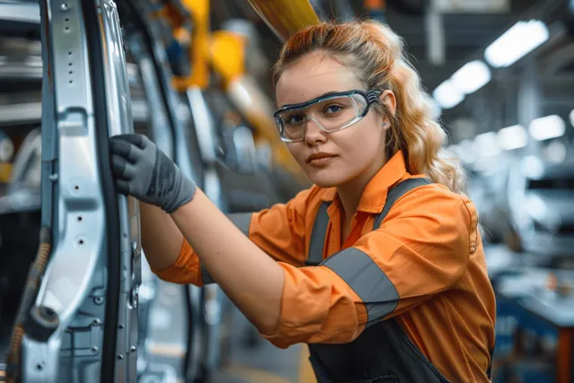 A female technician in orange workwear installs a vehicle door panel in an automated car factory.