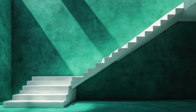 A white ladder climbs across a turquoise chasm with strong shadows and a dramatic upward perspective.