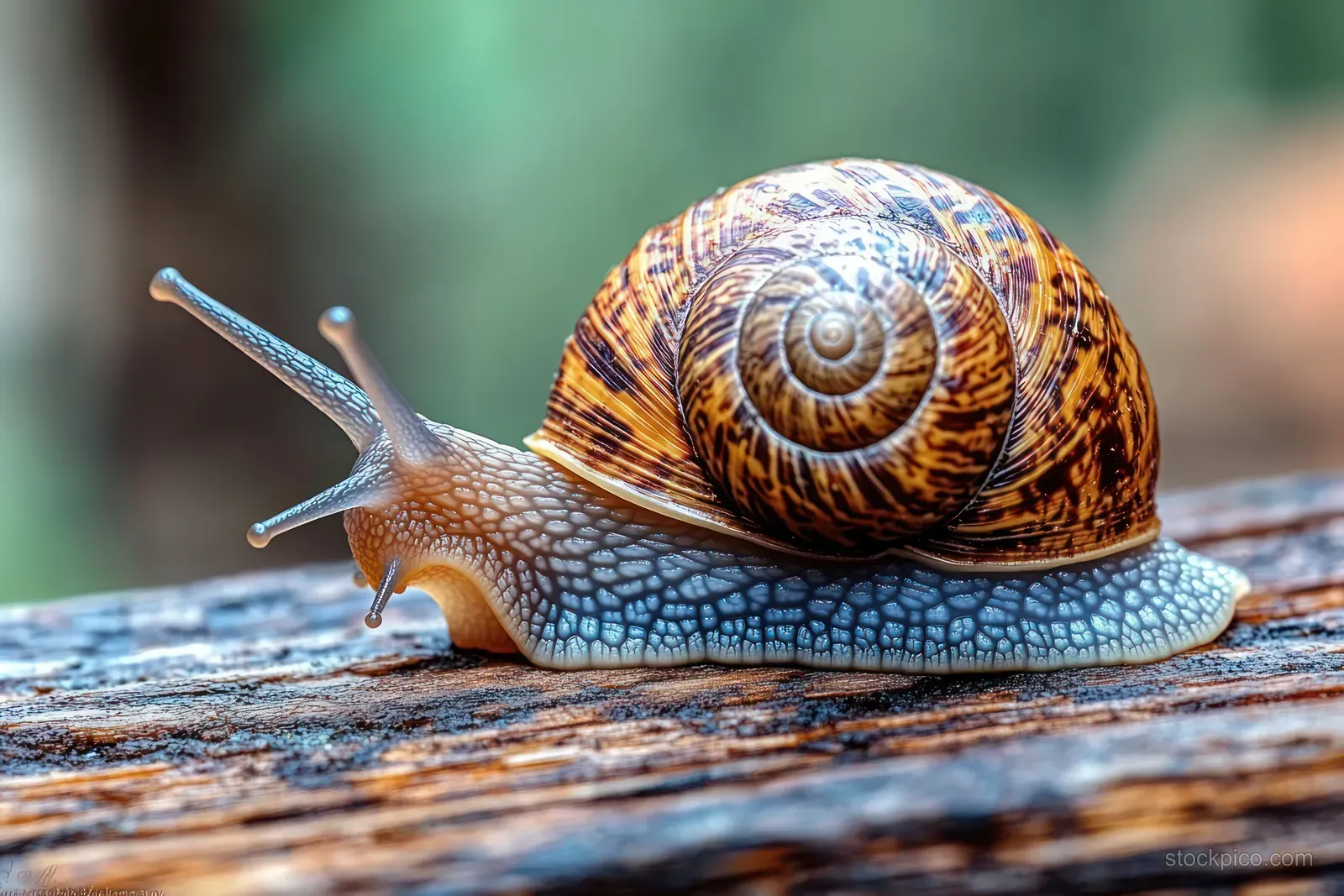 A snail crawls across a weathered wooden board, revealing detailed spiral shell patterns in natural light.