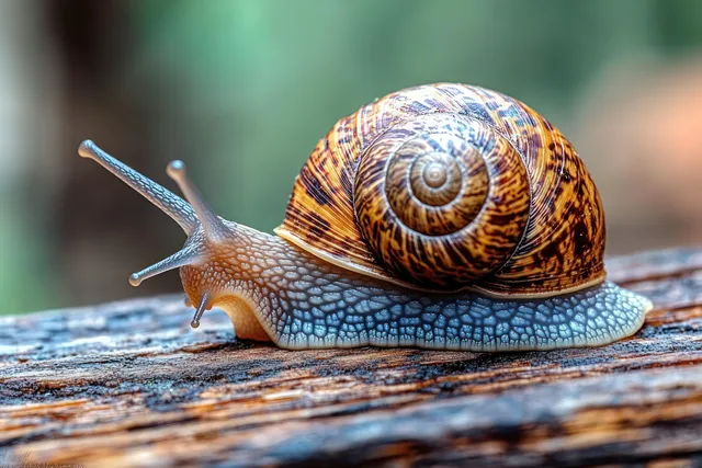 A snail crawls across a weathered wooden board, revealing detailed spiral shell patterns in natural light.
