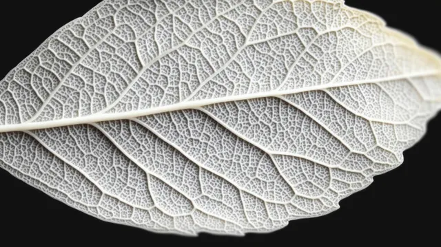 Dried leaf close-up showing detailed vein network and leaf texture isolated on a black background.