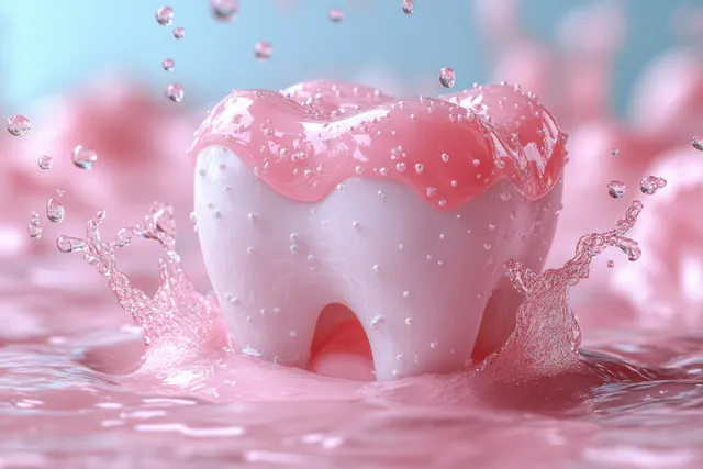 A 3D tooth sits in foaming mouthwash with sparkling particles around it, implying protective oral hygiene.
