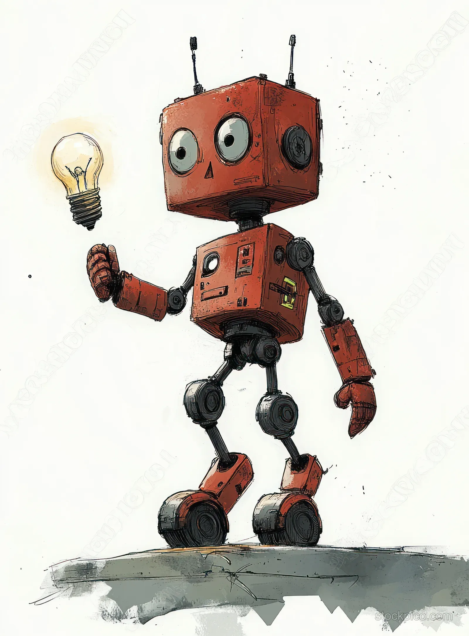 A red cartoon robot balances on a unicycle while holding a glowing lightbulb on a simple light background.