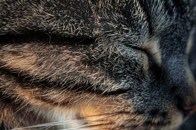 Sleeping tabby cat close-up with detailed fur texture and relaxed whiskers