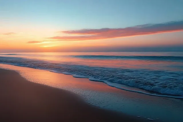 Serene beach sunset with gentle waves and pastel reflections