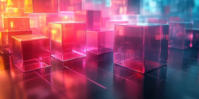 Glowing translucent geometric blocks float over a neon pink and cyan gradient medical science background.