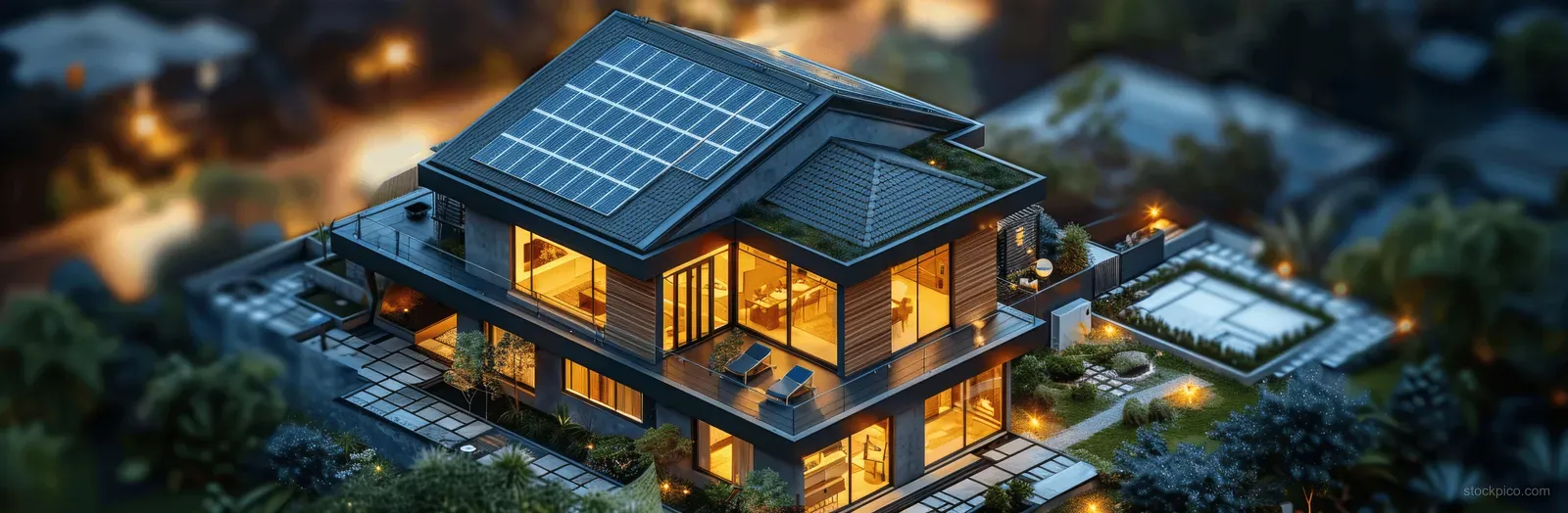 Aerial view of a smart home at dusk with solar panels on the roof and illuminated battery storage units.