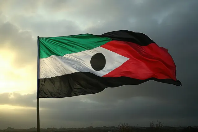 Palestinian flag waving on pole against stormy sunset clouds and dramatic light