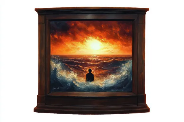 Framed seascape with a lone silhouette standing in rough ocean waves at sunset.