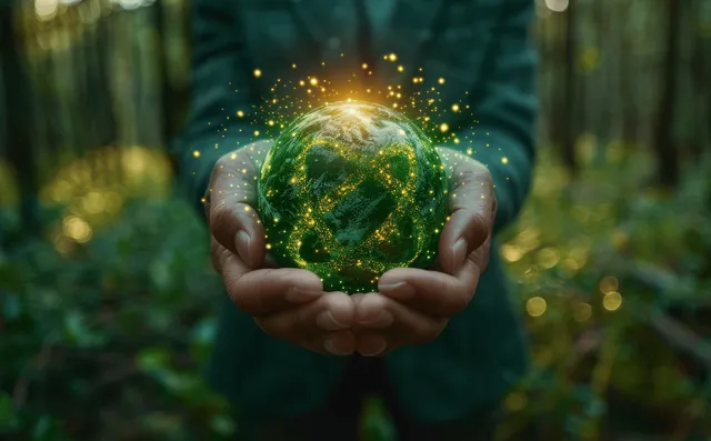 Hands hold a glowing green Earth with an infinity symbol above a softly blurred forest.