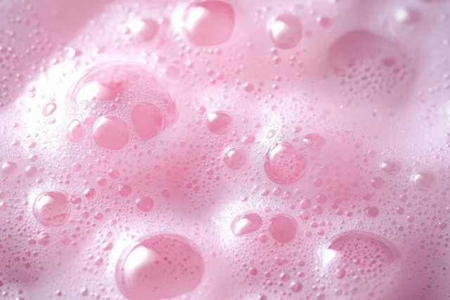Pink foam bubbles cover the surface in soft pastel bathroom lighting with visible texture and tiny water droplets.